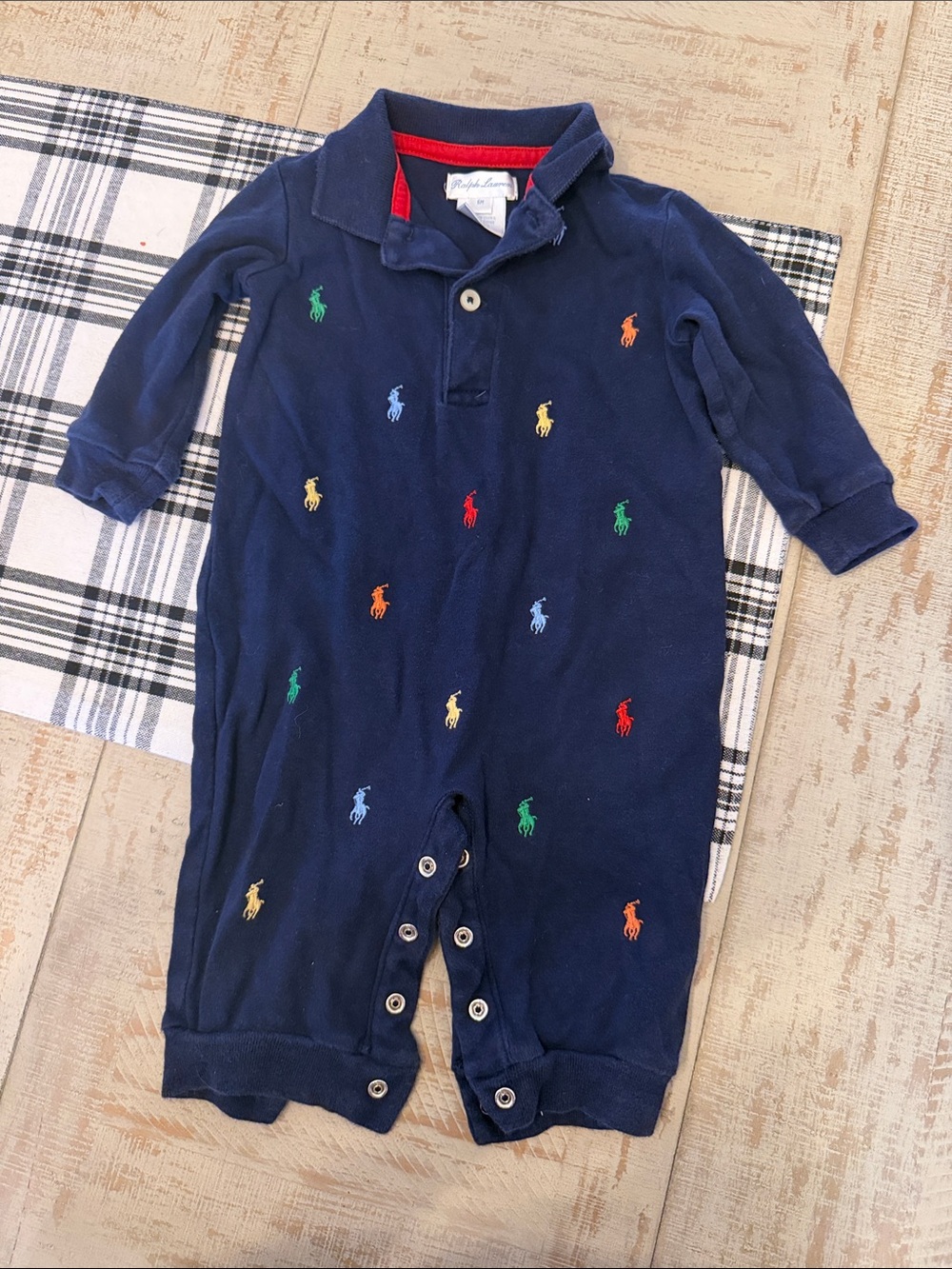Ralph Lauren Navy Polo One-Piece with Multicolor Pony Embroidery